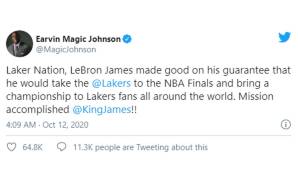 Magic Johnson (Lakers-Legende): "Laker-Nation, LeBron hat sein Versprechen eingehalten, dass er die Lakers zurück in die NBA Finals und zu einem Titel führen wird. Mission erfüllt."