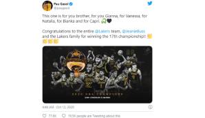Pau Gasol (ehemaliger Lakers-Star): "Das ist für dich mein Bruder, für Gianna, für Vanessa, für Natalia, für Bianka und für Capri. Glückwunsch an das komplette Lakers-Team, Jeanie Buss und die Lakers-Familie zur 17. Championship!"