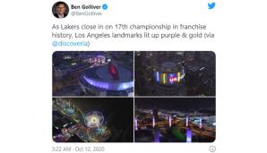Ben Golliver (Washington Post): "Während die Lakers ihren 17. Titel perfekt machen, leuchten die Wahrzeichen von Los Angeles in lila und gold."