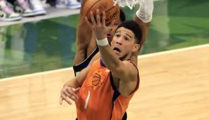 Platz 4: DEVIN BOOKER | Team: Phoenix Suns | Alter: 24 | Gehalt: 31,7 Millionen Dollar | Stats 2020/21: 25,6 Punkte, 4,2 Rebounds und 4,3 Assists