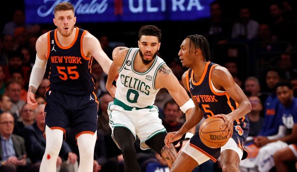 Jayson Tatum (center) flew off the field for the first time in his career against the Knicks.