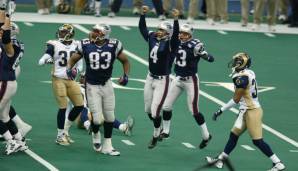 2001: NEW ENGLAND PATRIOTS – St. Louis Rams 20:17: Im ersten Super Bowl der Belichick-Ära sollten es dann die royalblauen Adidas-Jerseys richten. Der überraschende Sieg gegen The greatest Show on Turf gelang.