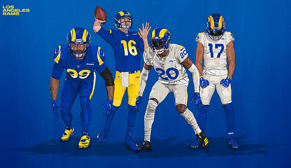 Die Los Angeles Rams haben nachgezogen - auch bei den Rams trägt man 2020 neue Trikots! Es gibt dabei eine Variante komplett in blau mit gelben Highlights, die "klassische" Interpretation mit gelber Hose sowie die Alternative in grau.