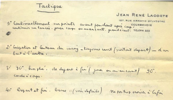 Originale Notizen von René Lacoste aus seinem privaten Notizbuch