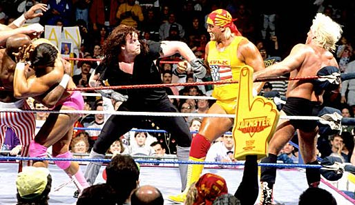 Legenden unter sich: Undertaker, Hulk Hogan und Ric Flair beim Royal Rumble 1992