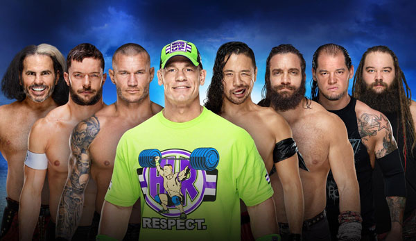 John Cena (Mitte) gewann 2008 und 2013 den Royal Rumble, Randy Orton (3.v.l.) 2009 und 2017.